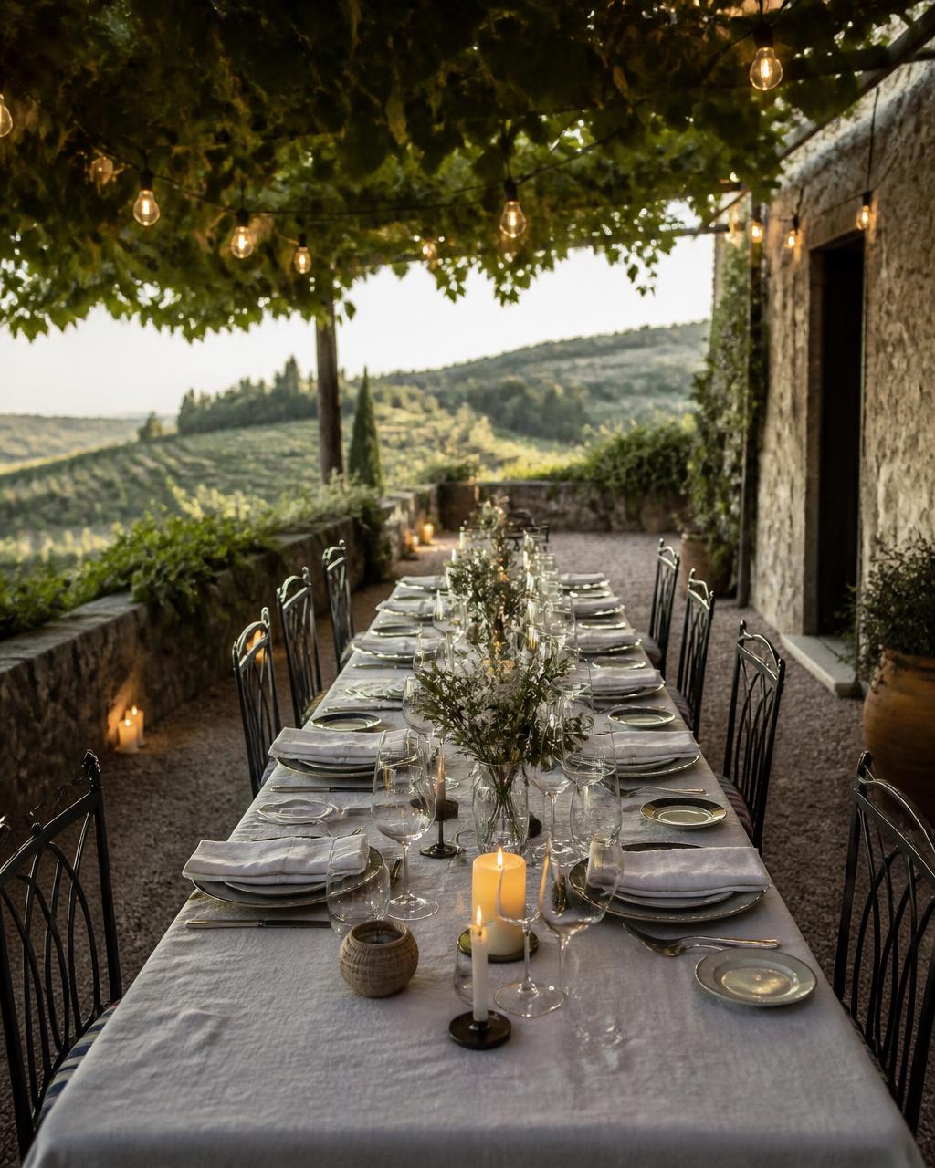 Long table set for a celebratory dinner beneath a vine pergola in the countryside