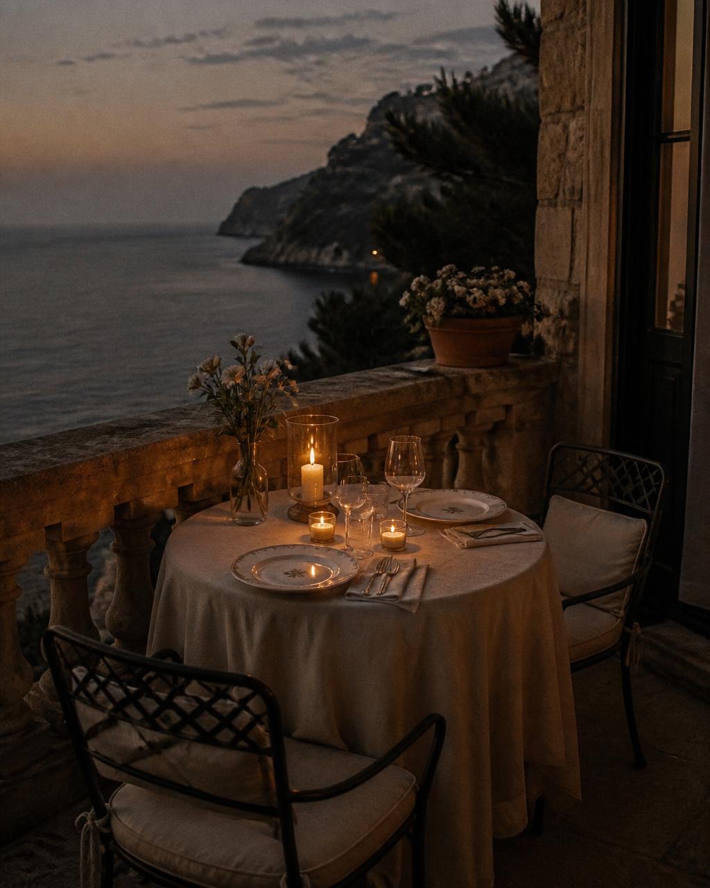 Candlelit table for two on a stone balcony above the sea at dusk