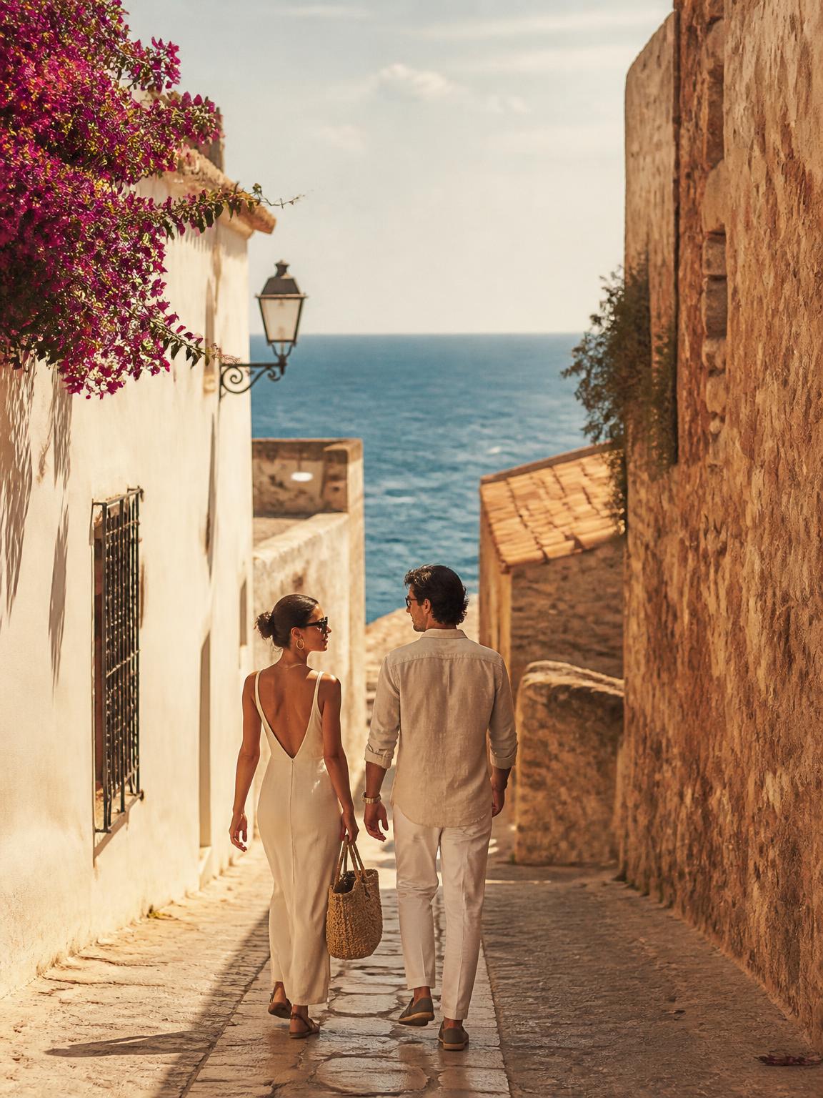 A couple walking a sunlit stone lane in an old coastal town, sea beyond